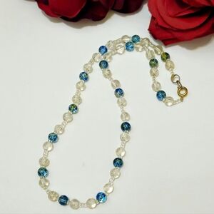 Handmade Clear & Blue Glass Beaded Necklace 17" Long